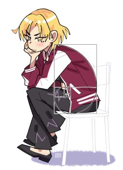 absurdres bang_dream! bang_dream!_girls_band_party! blonde_hair bourbunbun chair highres jacket long_sleeves on_chair raise_a_suilen sato_masuki shirt short_hair spiral yellow_eyes