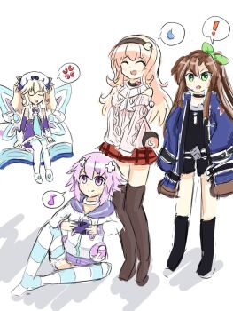 4girls annoyed bare_shoulders blonde_hair book brown_hair choker coat compa controller d-pad d-pad_hair_ornament dress fairy game_controller green_eyes hair_ornament hat headband histoire hood hoodie if_(neptunia) jumper laughing leggings long_hair multiple_girls neptune_(neptunia) neptune_(series) open_mouth orange_hair parka ponytail purple_eyes purple_hair ribbon robe shoes short_hair sidetail smile stocking striped_legwear surprised sweater tome_fairy trench_coat twintails water_wolf