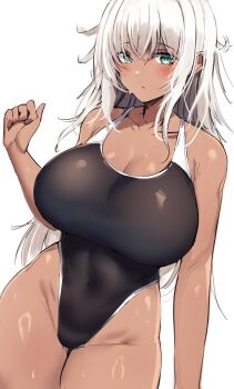 1girl absurdres black_one-piece_swimsuit blue_eyes blush breasts cleavage collarbone covered_navel dark-skinned_female dark_skin highleg highleg_one-piece_swimsuit highres large_breasts long_hair one-piece_swimsuit original solo souma_(ordures) swimsuit white_hair