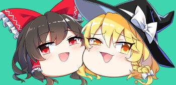 Rule 34 | 2girls, aqua background, black hair, black hat, blonde hair, blush, bow, braid, commentary request, e.o., frills, hair between eyes, hair bow, hair ornament, hair tubes, hakurei reimu, hat, hat bow, head only, highres, kirisame marisa, looking at viewer, multiple girls, open mouth, red bow, red eyes, short hair, simple background, single braid, smile, touhou, white bow, witch hat, yellow eyes, yukkuri shiteitte ne