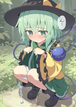 1girl absurdres black_hat black_shoes blush check_translation green_eyes green_hair green_skirt hat highres komeiji_koishi outdoors panties panty_pull peeing shirt shoes short_hair skirt solo squatting touhou toutou_(soyarrow) translation_request underwear white_panties yellow_shirt