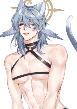 Rule 34 | 1boy, abs, animal ears, blue hair, cat boy, cat ears, cat tail, chest strap, commentary, hair between eyes, halo, head wings, highres, honkai: star rail, honkai (series), looking at viewer, male focus, navel, nipples, parted lips, pectorals, rourouki, simple background, solo, sunday (honkai: star rail), tail, teeth, toned, toned male, too many watermarks, upper body, watermark, white background, wings, yellow eyes