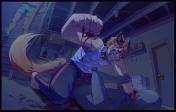 1other 2boys ambiguous_gender anger_vein angry animal_ears blood blood_trail boyfriend_to_death clenched_hand clenched_teeth collar commentary english_commentary facial_mark foreshortening fox_ears fox_tail from_below full_body furry furry_male hands_in_pockets highres imminent_murder in-universe_location kneeling multiple_boys nosebleed out_of_frame railing ren_hana_(boyfriend_to_death) shirt shorts soureeeee stairs strade_(boyfriend_to_death) tail tank_top teeth viewer_self-insert walking white_shirt