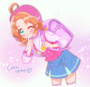 Rule 34 | 1girl, ;), ahoge, akechi anna, artist name, backpack, bag, beret, blue skirt, blush, buttons, closed mouth, commentary, cowboy shot, double-breasted, double bun, finger to mouth, gradient background, green eyes, hair bun, hair intakes, hand up, hat, highres, jewelry, leaning forward, letra update, light particles, long sleeves, looking at viewer, medium hair, meitantei precure!, miniskirt, one eye closed, orange hair, parted bangs, pendant, pink background, pink shirt, pleated skirt, precure, purple bag, purple hat, randoseru, shirt, shushing, signature, skirt, smile, solo, standing, thighhighs, two-tone shirt, white shirt, white thighhighs