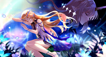 2girls absurdres bare_shoulders black_dress blonde_hair cartethyia_(wuthering_waves) chinese_commentary closed_eyes closed_mouth commentary_request crown_of_thorns dress dual_persona earrings fleurdelys_(wuthering_waves) floating_earrings highres horns jewelry kareko_(xs-1833) long_hair multiple_earrings multiple_girls parted_bangs pointy_ears sidelocks single_horn smile tabard tacet_mark_(wuthering_waves) very_long_hair white_tabard wuthering_waves