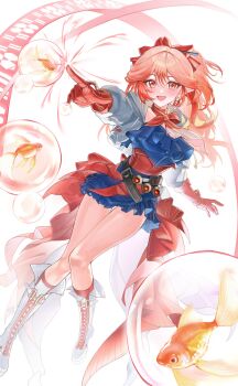 Rule 34 | 1girl, :d, absurdres, air bubble, arknights, blue dress, boots, bow, breasts, bubble, commentary, dress, earrings, fish, gloves, goldfish, hair bow, haruka (arknights), highres, jewelry, jhini, knee boots, long hair, long sleeves, looking at viewer, mole, mole on cheek, open mouth, orange eyes, orange hair, pearl earrings, pink hair, pointy ears, red bow, red gloves, smile, solo, white boots