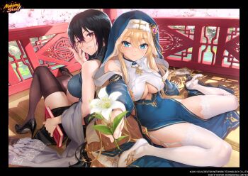 2girls absurdres architecture black_border black_footwear black_hair blonde_hair blue_eyes book border breasts cherry_blossoms commentary east_asian_architecture english_commentary flower glasses habit happoubi_jin high_heels highres holding holding_book holding_flower kitahara_lily large_breasts logo looking_at_viewer mahjong_soul mole mole_under_eye mole_under_mouth multiple_girls nun official_art on_floor onodera_nanaha patent_heels pumps reaching reaching_towards_viewer shoes sitting thighhighs underboob white_footwear white_lily white_thighhighs