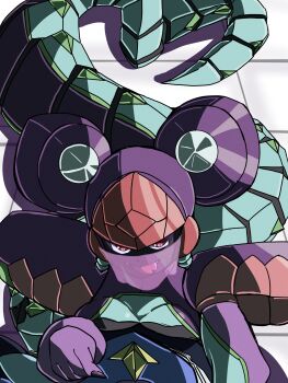 Rule 34 | 1boy, 1girl, absurdres, armor, breast press, breasts, commentary request, em being (mega man), fangs, fingernails, geo stelar (mega man), green armor, hand on another's cheek, hand on another's face, highres, lamia, long fingernails, looking at viewer, luna platz (mega man), mega man (series), mega man star force (series), metal hair, monster girl, mouth veil, open mouth, pov, purple armor, purple hair, queen ophiuca (mega man), red eyes, sharp fingernails, smile, solo focus, star force mega man, veil, zmts12gshokew