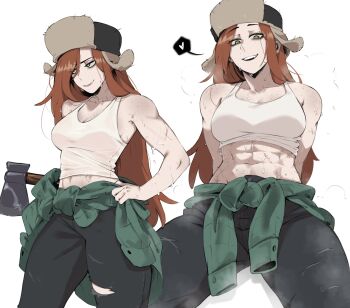 1girl abs absurdres axe bare_shoulders clothes_around_waist gravity_falls green_eyes hat heart highres holding holding_axe jacket jacket_around_waist masoq muscular muscular_female orange_hair simple_background sleeveless spoken_heart sweat tagme tank_top ushanka wendy_corduroy white_background