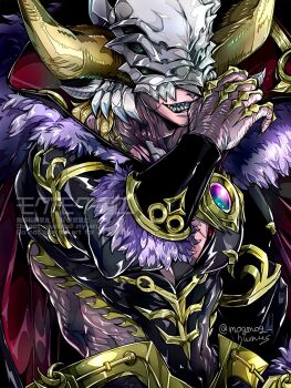 Rule 34 | 1boy, armor, black armor, cape, colored skin, commentary request, cowboy shot, demon, demon horns, duel monster, fur-trimmed cape, fur trim, gauntlets, highres, horns, mask, pink skin, red cape, royal archfiend, royal robe, skull mask, twitter username, vambraces, yu-gi-oh!, yukitaka (zzzzz)