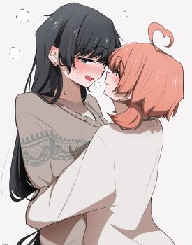 2girls :3 ahoge black_eyes black_hair blush brown_hair commentary_request grey_sweater heart heart_ahoge highres hug koito_yuu long_hair long_sleeves low_twintails multiple_girls nanami_touko nobunaga_(nbng_g) open_mouth orange_hair short_hair short_twintails simple_background sweater twintails white_background yagate_kimi_ni_naru yuri