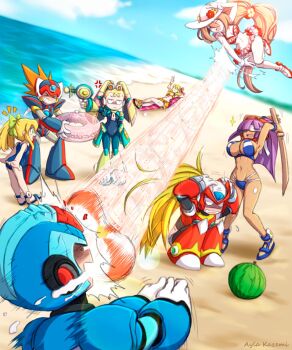 &gt;_&lt; 3boys 5girls absurdres alia_(mega_man) android anger_vein annoyed armor artist_name axl_(mega_man) ayla_kazemi ball beach beach_chair beachball bikini blue_bikini blue_one-piece_swimsuit blue_sky breasts brown_hair closed_eyes dark-skinned_female dark_skin ducking food forehead_jewel frilled_bikini frills fruit gun helmet high_ponytail highres holding holding_gun holding_swim_ring holding_weapon in_the_face injury innertube iris_(mega_man) large_breasts layer_(mega_man) long_hair lying medium_breasts medium_hair mega_man_(classic) mega_man_(series) mega_man_x_(series) mega_man_x_dive midair multicolored_bikini multiple_boys multiple_girls navel ocean on_back one-piece_swimsuit orange_bikini pallette_(mega_man) ponytail red_bikini revealing_clothes robot_girl roll_(mega_man) sand sky small_breasts spiked_hair suikawari swim_ring swimsuit two-tone_bikini v very_long_hair watermelon weapon white_bikini x_(mega_man) zero_(mega_man)