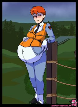 1girl blue_pants blush bone closed_eyes commission commissioner_upload fence hand_on_own_stomach izumi_noa night night_sky orange_vest outdoors pants patlabor police police_uniform policewoman pregnant rattle-bones red_hair rope_fence short_hair sky solo tomboy tree vest