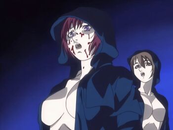 00s 2002 2girls animated animated_gif basement bible_black bible_black_gaiden blood breasts brown_hair cloak green_eyes large_breasts multiple_girls open_mouth purple_eyes red_hair ritual robe shido_saki short_hair summoning surprised tagme takashiro_hiroko
