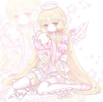 1girl angel_wings atashi_(chobits) blonde_hair blunt_bangs bow bow_on_wing chii chobits choker collarbone expressionless fake_halo fake_wings frilled_skirt frilled_sleeves frills full_body fur_halo garter_straps hair_bow halo highres holding juliet_sleeves long_hair long_sleeves looking_down low_twintails mary_janes miniskirt mipi_(u3u_00) multiple_hair_bows no_pupils outline pink_background pink_bow pink_shirt pink_shoes puffy_sleeves ribbon ribbon_choker shirt shoes sitting skirt sleeve_bow solo straight_hair thighhighs twintails very_long_hair wariza white_choker white_halo white_outline white_ribbon white_skirt white_thighhighs white_wings wings yellow_eyes zoom_layer