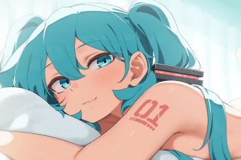 1girl abmayo absurdres blue_eyes blue_hair breasts closed_mouth commentary_request double-parted_bangs hair_between_eyes hair_ornament hatsune_miku highres hugging_object light_blush long_hair looking_at_viewer lying medium_breasts nude number_tattoo on_stomach pillow pillow_hug psd_available revision shoulder_tattoo smile solo tattoo twintails vocaloid