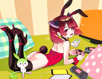 1girl akai_kuro animal apple_inc. ass atari atari_lynx black_thighhighs blush cellphone controller crossover detached_collar female_focus full_body game_boy game_boy_(original) game_controller handheld_game_console high_heels highres horns ipad iphone leotard loli looking_at_viewer looking_back lying nintendo open_mouth phone pillow playboy_bunny playstation_controller rabbit rabbit_ears rabbit_tail red_eyes red_hair red_leotard red_shoes sega sega_game_gear shoes short_hair smartphone smile sony tablet_pc thighhighs touhoku_kiritan twintails voiceroid voicevox wrist_cuffs zundamon