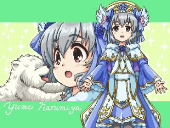 1girl :d animal black_pantyhose blue_bow blue_flower blue_robe blue_rose blush bow brown_eyes capelet character_name commentary_request dog flower fur-trimmed_capelet fur_trim green_background grey_hair hair_between_eyes hat idolmaster idolmaster_cinderella_girls idolmaster_cinderella_girls_starlight_stage long_sleeves multiple_views narumiya_yume open_mouth pantyhose pixel_art polka_dot polka_dot_background regular_mow robe rose smile sparkle_background white_capelet white_hat wide_sleeves