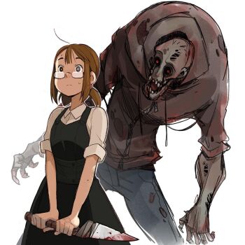 1boy 1girl ahoge behind_another black-framed_eyewear black_sclera blind_eye blood bloody_knife brown_eyes brown_hair cataclysm:_dark_days_ahead collared_shirt colored_sclera colored_skin cowboy_shot denim dress grey_skin height_difference highres holding holding_knife hood hoodie incoming_attack jeans knife looking_at_another outline pants pinafore_dress raised_eyebrows red_eyes semi-rimless_eyewear shaun_healey shirt sidelocks simple_background sleeveless sleeveless_dress sleeves_rolled_up sweatdrop torn_skin twintails two-handed under-rim_eyewear v_arms white_background white_outline white_shirt zombie