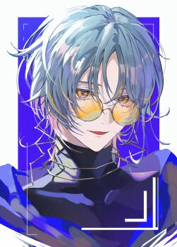 1boy absurdres bishounen black_shirt blonde_hair blue_background blue_hair border commentary earrings eyelashes grey_hair highres jacket jewelry koujisako looking_at_viewer male_focus multicolored_hair necklace open_mouth orange-tinted_eyewear orange_eyes original outside_border parted_bangs parted_lips portrait round_eyewear shirt short_hair smile solo streaked_hair sunglasses tinted_eyewear turtleneck upper_body white_background white_border yellow_eyes