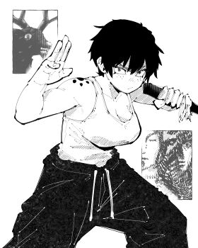 1girl absurdres arm_up breasts choppy_bangs cleavage closed_mouth commentary cowboy_shot english_commentary freckles greyscale hair_between_eyes hatching_(texture) highres holding holding_weapon large_breasts linear_hatching looking_at_viewer miregeist monochrome original pants short_hair simple_background solo tank_top weapon white_background