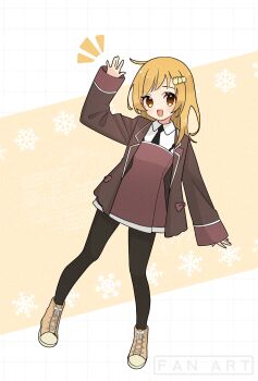 Rule 34 | 1girl, arm up, black necktie, black pantyhose, blonde hair, brown dress, brown eyes, brown jacket, character request, commentary request, copyright request, dress, full body, hair ornament, highres, jacket, long hair, looking at viewer, necktie, neruk0hasodatu, pantyhose, solo
