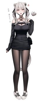 1girl absurdres ahoge alternate_costume anger_vein animal_ear_piercing animal_ears bag black_dress black_nails black_pantyhose blue_eyes blunt_bangs blush breasts cleavage commentary_request criss-cross_halter dress fingernails full_body hair_ribbon halterneck hand_up heart_pendant highres hololive large_breasts lion_ears lion_girl lion_tail long_hair long_sleeves looking_at_viewer mask mask_around_neck mouth_mask off-shoulder_dress off_shoulder pantyhose pendant_choker ribbon shishiro_botan shoes short_dress shoulder_bag simple_background sleeves_past_wrists sneakers solo standing tail translation_request twintails virtual_youtuber wanne white_background white_shoes