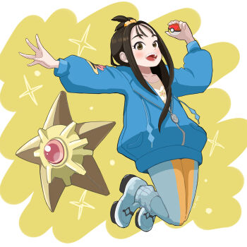 1girl :d absurdres black_hair blue_hoodie blush collarbone commentary_request cube_hair_ornament eringi._(kmk_pan) gen_1_pokemon hair_ornament happy highres hood hoodie leggings lida_(pokemon) long_hair nintendo open_mouth pokemon pokemon_(creature) pokemon_legends:_z-a print_shirt ribbed_socks shirt shoes sidelocks smile socks spread_fingers staryu teeth tongue topknot