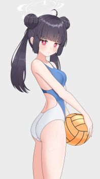 1girl absurdres ahoge alternate_hairstyle armband ass ball black_hair blue_archive blunt_bangs breasts character_name competition_swimsuit double_bun grey_background hair_bun halo highres long_hair looking_at_viewer miyu_(blue_archive) one-piece_swimsuit rabbit_ornament red_eyes sembem sidelocks simple_background small_breasts solo swimsuit twintails twitter_username two-tone_swimsuit visor_cap volleyball_(object) white_halo