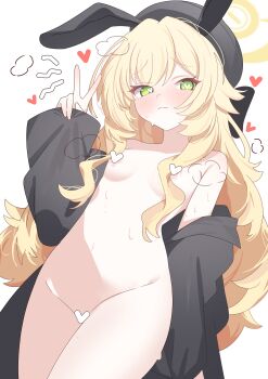 Rule 34 | 1girl, absurdres, animal ears, black coat, black hat, blonde hair, blue archive, blush, breasts, censored, censored nipples, closed mouth, coat, commentary, cowboy shot, green eyes, halo, hat, heart, heart censor, highres, kanimiso30601, long hair, looking at viewer, navel, open clothes, professor niyaniya (blue archive), rabbit ears, simple background, small breasts, solo, v, white background, yellow halo
