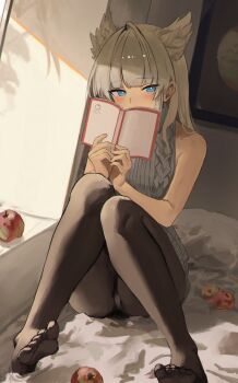 1girl absurdres animal_ears arknights arknights:_endfield black_pantyhose blue_eyes book commentary_request covering_own_mouth grey_hair grey_sweater highres holding holding_book knees_together_feet_apart long_hair looking_at_viewer no_shoes panties panties_under_pantyhose pantyhose partial_commentary perlica_(arknights) shikyou_yoru sleeveless sleeveless_sweater sleeveless_turtleneck solo sweater turtleneck turtleneck_sweater underwear