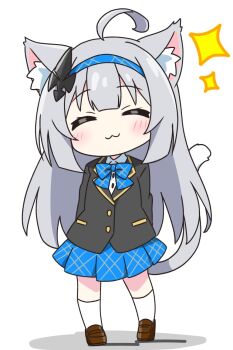 Rule 34 | 1girl, :3, ahoge, animal ear fluff, animal ears, black jacket, blue bow, blue bowtie, blue hairband, blue skirt, blush, bow, bowtie, brown shoes, buttons, cat ears, cat girl, cat tail, chibi, chibi only, closed eyes, closed mouth, collared shirt, commentary request, facing viewer, female tyrant (stella sora), full body, grey hair, hair ornament, hairband, jacket, kemonomimi mode, kneehighs, kotatsu-mazoku, long hair, long sleeves, pleated skirt, school uniform, shirt, shoes, simple background, skirt, smile, socks, solo, sparkle, standing, stella sora, tail, tyrant (stella sora), white background, white shirt, white socks
