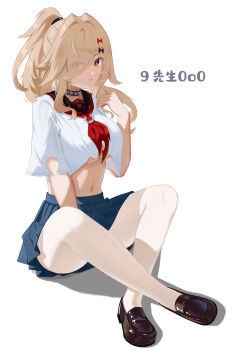 1girl 9_xiansheng_0o0 absurdres black_choker blonde_hair breasts chenxue_(astralop) chenxue_(honkai_impact) choker hair_ornament hair_over_one_eye hairpin hand_up highres honkai_(series) honkai_impact_3rd large_breasts long_bangs long_hair looking_at_viewer mature_female open_mouth pantyhose red_eyes shirt short_sleeves simple_background white_background white_pantyhose