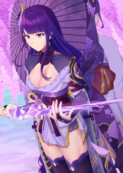 Rule 34 | 2girls, absurdres, behind another, blunt bangs, breasts, bridal gauntlets, cleavage, closed mouth, commentary, flower, from behind, genshin impact, hair ornament, highres, holding, holding sword, holding umbrella, holding weapon, japanese clothes, katana, kimono, large breasts, lingerie, long braid, long hair, looking down, makoto (genshin impact), megawa927, multiple girls, musou isshin (genshin impact), off shoulder, oil-paper umbrella, outdoors, purple eyes, purple hair, purple kimono, purple thighhighs, raiden shogun, red sash, sash, siblings, sisters, standing, sword, thighhighs, twins, umbrella, underwear, upper body, weapon, wisteria