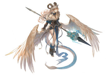 1girl bare_legs barefoot boots breasts chain cleavage curly_hair detached_collar dpin_(user_adhr8855) elf from_above full_body fur_boots fur_trim goat_horns grey_hair hairband highres holding holding_weapon horns jacket large_breasts leather leather_jacket lizard_tail loincloth long_hair long_sleeves looking_at_viewer magic miniskirt off-shoulder_sweater off_shoulder open_mouth original pointy_ears polearm red_eyes simple_background skirt skull solo spear standing sweater tail weapon white_background wings yellow_pupils