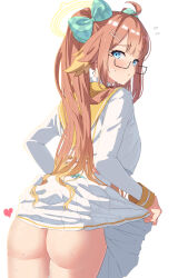 Rule 34 | 1girl, absurdres, ass, blonde hair, blue archive, blue eyes, blush, bow, feather hair, flying sweatdrops, from behind, glasses, hair bow, hair ornament, hairclip, halo, heart, highres, long hair, long sleeves, looking at viewer, looking back, multicolored hair, no panties, orange hair, pleated skirt, sailor collar, school uniform, serafuku, shimiko (blue archive), simple background, skirt, solo, sweat, tansui san (tcjp4784), twintails, white background, white skirt, yellow sailor collar