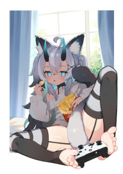 absurdres ahoge animal_ear_fluff animal_ears barefoot between_feet biluoyao black_hair black_thighhighs blue_eyes blue_hair blue_horns cat_ears cat_girl cat_tail chips_(food) colored_inner_hair controller cross-shaped_pupils eating feet food full_body game_controller gradient_hair gradient_horns grey_hair grey_sweater highres holding_with_feet horns leaning_back long_hair long_sleeves looking_at_viewer mosou_cat_girl_(mosou_keito) multicolored_hair multicolored_horns off-shoulder_sweater off_shoulder original potato_chips prehensile_toes soles spread_legs stirrup_legwear sweater symbol-shaped_pupils tail thighhighs thighs toeless_legwear toes two-tone_horns