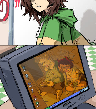 1boy 1other animal_ears asriel_dreemurr brown_hair closed_eyes computer controller deltarune drawstring game_controller goat_boy goat_ears goat_horns green_hoodie heartbreak_juan highres holding holding_controller holding_game_controller hood hoodie horns icon_(computing) indian_style kris_(deltarune) monitor open_mouth playing_games shaded_face short_hair siblings sitting taskbar utdr_(toby_fox)