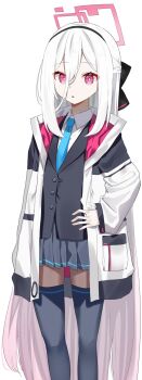 1girl black_bow black_hairband black_thighhighs blazer blue_archive blue_necktie bow bright_pupils commentary double-parted_bangs hair_between_eyes hair_bow hairband half_updo halo highres jacket k_mugura kei_(blue_archive) kei_(student)_(blue_archive) long_hair long_hair_between_eyes multicolored_jacket necktie pink_eyes pink_halo rectangular_halo ringed_eyes shirt skirt solo thighhighs two-tone_jacket very_long_hair white_hair white_jacket white_shirt zettai_ryouiki