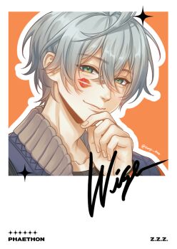 1boy ahoge blue_jacket border character_name closed_mouth collarbone commentary copyright_name english_commentary green_eyes grey_hair hand_on_own_chin haryu_chee jacket lipstick_mark lipstick_mark_on_face looking_at_viewer male_focus orange_background outline portrait short_hair smile solo sparkle twitter_username white_border white_outline wise_(zenless_zone_zero) zenless_zone_zero