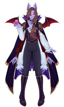 absurdres animal_ears bat_boy bat_ears boots brown_hair cape colored_sclera colored_skin corset cup dante_will dante_will_(bat) dante_will_(halloween) extra_arms extra_eyes fingernails hair_over_one_eye highres holding holding_cup indie_virtual_youtuber limmushi long_hair long_sleeves multicolored_hair ohwasuy purple_hair purple_skin red_sclera runamaroding sharp_fingernails shirohomu smile streaked_hair vampire_costume white_eyes wings