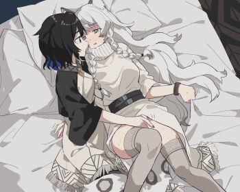 2girls animal_ears arknights black_hair blue_eyes blue_hair blue_nails blush bracelet braid coldcat. colored_inner_hair commentary_request dress fingering grey_eyes grey_hair highres jewelry kjera_(arknights) lying multicolored_hair multiple_girls nail_polish on_bed open_mouth pillow pramanix_(arknights) side_braids tail three-quarter_sleeves trembling white_dress white_hair yuri