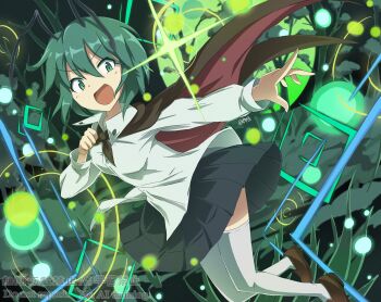 1girl antennae black_skirt brown_cape brown_shoes cape collared_shirt commentary_request danmaku green_eyes green_hair gurina_15 highres long_sleeves looking_at_viewer medium_hair miniskirt open_mouth pleated_skirt red_cape revision shirt shoes skirt smile solo thighhighs touhou two-sided_cape two-sided_fabric watermark white_shirt white_thighhighs wriggle_nightbug