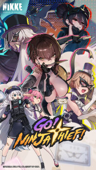 6+girls black_capelet black_gloves black_hat blue_eyes blue_hat blue_skirt braid breasts brown_eyes brown_hair cape capelet card cleavage commander_(nikke) commentary crying crying_with_eyes_open delta_(nikke) delta_(ninja_thief)_(nikke) double_bun elbow_gloves english_commentary eye_mask frown gloves goddess_of_victory:_nikke green_eyes grey_hair hair_bun hat highres holding holding_kunai holding_weapon knife_in_mouth kunai large_breasts long_hair looking_afar mask miranda_(nikke) miranda_(thief_of_justice)_(nikke) multiple_girls ninja official_art open_mouth phantom_(nikke) pink_eyes pink_hair poli_(nikke) police police_uniform policewoman purple_eyes quency_(escape_queen)_(nikke) quency_(nikke) quiry_(nikke) short_hair skirt socks tears teeth upper_teeth_only weapon white_cape white_gloves white_hair white_socks