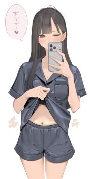 Rule 34 | 1girl, ama mitsuki, black hair, black pajamas, black shirt, black shorts, cellphone, commentary request, highres, holding, holding phone, long hair, pajamas, phone, shirt, short sleeves, shorts, simple background, smartphone, solo, standing, thighs, white background