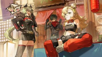 1boy 2girls absurdres black_gloves black_jacket black_thighhighs blonde_hair bokyo burnice_white caesar_king_(zenless_zone_zero) gloves green_hair guest_art hand_on_own_hip highres jacket low_ponytail luciana_de_montefio multiple_girls open_clothes open_jacket piper_wheel ponytail sitting smile sunglasses thighhighs yellow_eyes zenless_zone_zero
