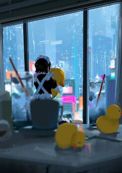 1girl absurdres apron black_dress black_hair city commentary dress english_commentary from_behind highres holding holding_toy indoors koukouya maid maid_apron maid_headdress original rain scenery short_hair solo toy