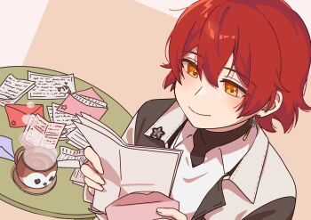 1boy absurdres black_shirt coffee coffee_mug collared_jacket collared_shirt commentary cup earrings envelope hanasaki_miyabi hanasaki_miyabi_(7th_costume) highres holding holding_envelope holding_paper holostars jacket jewelry kyomu_suzume letter male_focus mug nasvy official_alternate_costume paper red_hair round_table shirt short_hair smile solo table untranslatable_commentary upper_body virtual_graduation_commemoration virtual_youtuber white_shirt yellow_eyes