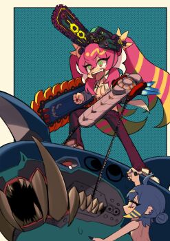 2girls absurdres blue_hair breasts chainsaw chainsaw_man ckhd cosplay denji_(chainsaw_man) denji_(chainsaw_man)_(cosplay) duel_monster green_eyes highres ki-sikil_(yu-gi-oh!) large_breasts lil-la_(yu-gi-oh!) live_twin_ki-sikil live_twin_lil-la long_hair multicolored_hair multiple_girls open_mouth pink_hair purple_eyes sharp_teeth short_hair smile teeth twintails yu-gi-oh!