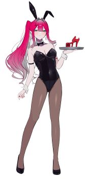 1girl absurdres animal_ears arm_at_side baobhan_sith_(fate) black_bow black_bowtie black_leotard bow bowtie breasts cleavage contrapposto detached_sleeves fate/grand_order fate_(series) grey_eyes hair_between_eyes high_heels highres holding holding_tray leotard long_hair looking_at_viewer medium_breasts pantyhose playboy_bunny pointy_ears rabbit_ears red_hair solo strapless strapless_leotard tray uriuriyukitti very_long_hair white_background wrist_cuffs